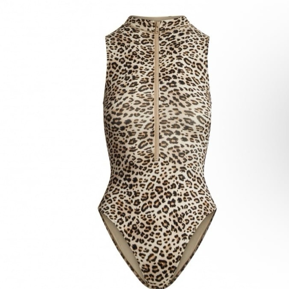 SKIMS SWIM ZIP FRONT SLEEVELESS ONE PIECE SWIMSUIT CHAMPAGNE LEOPARD PRINT XXS - Picture 7 of 7